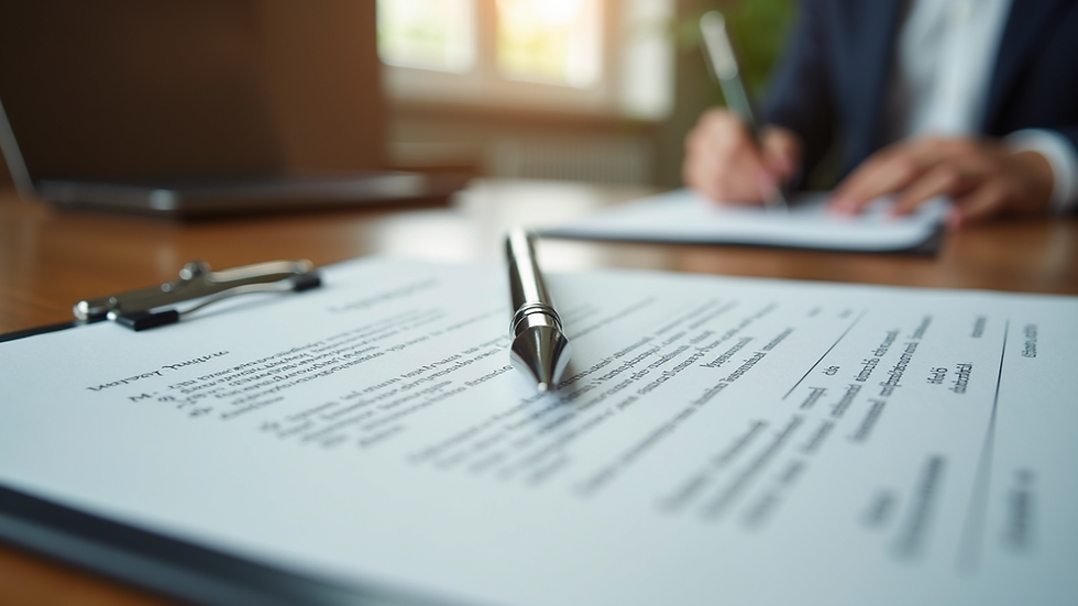 Eye-level view of a legal document with a pen on a wooden table