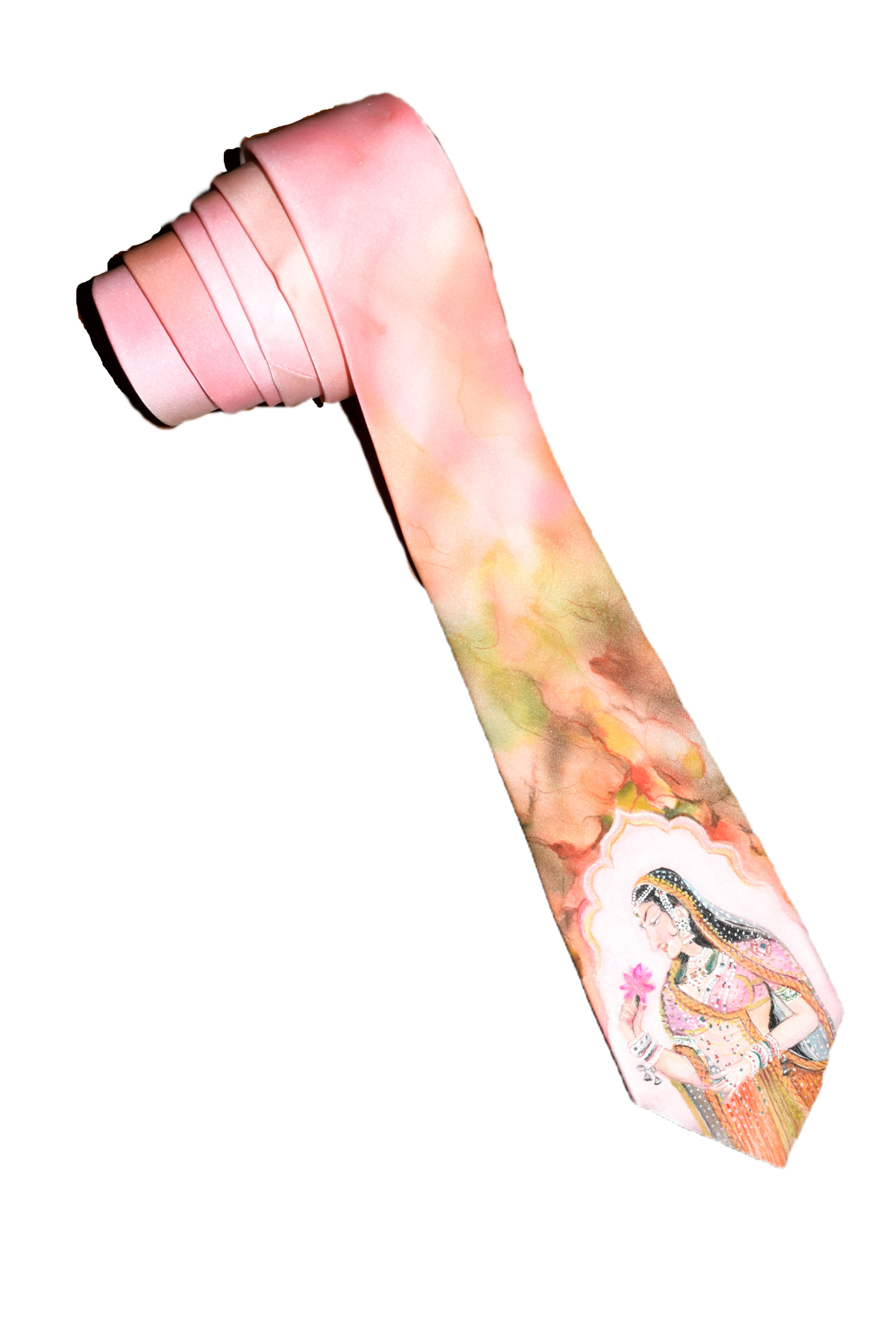 Silk Tie hand painted in Pink with an Indian Women in a miniature Moghul art, rolled up for photography