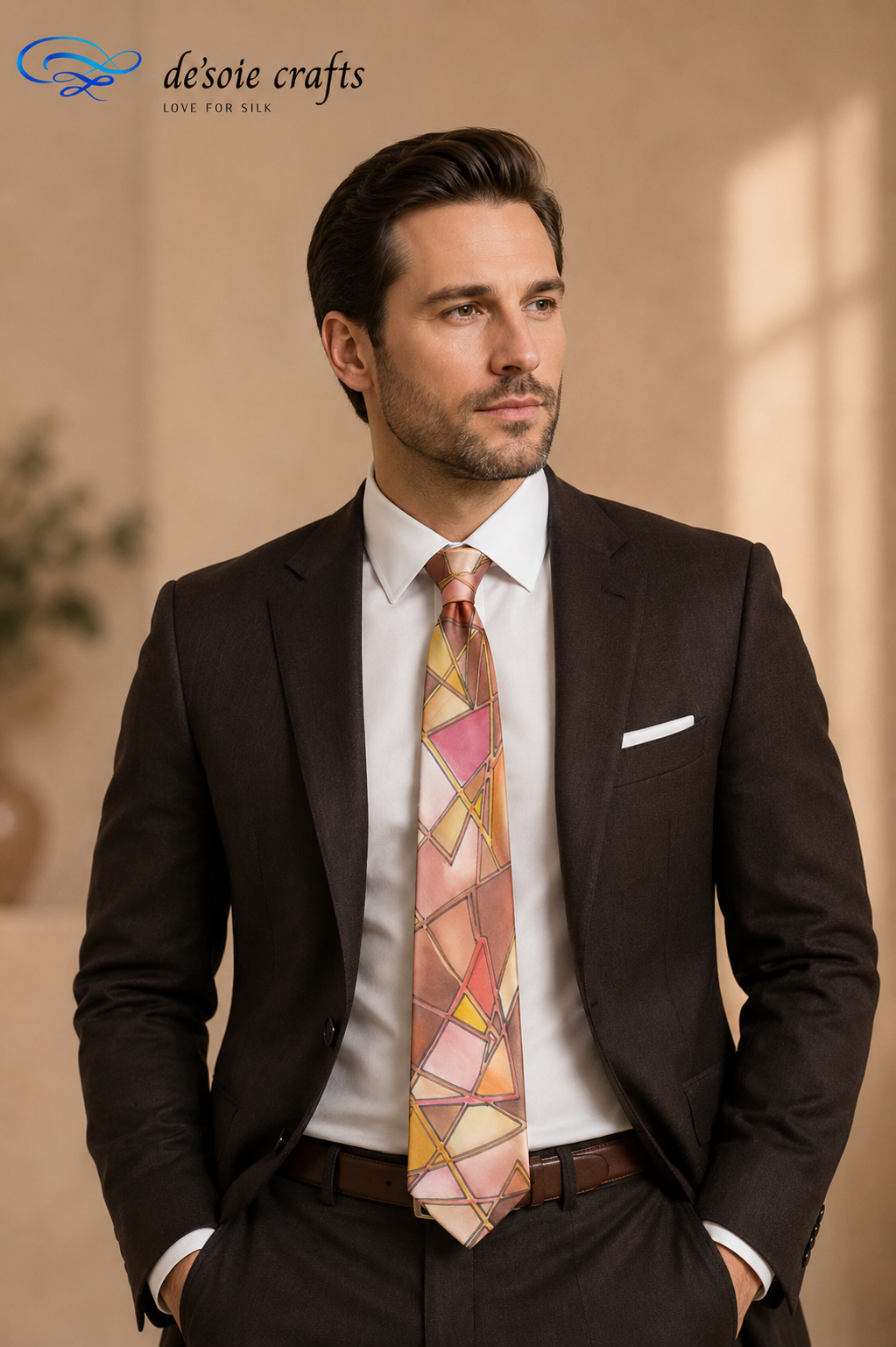 Male model wearing a dark brown suit, white shirt and brown silk necktie hand painted with geometric triangles design