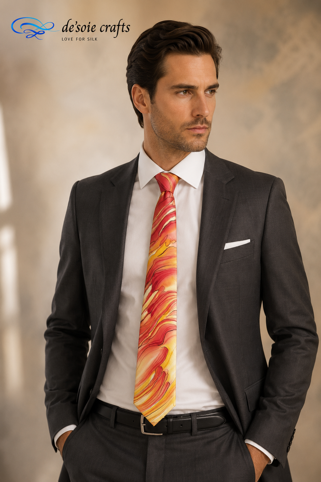 Elegant male in a charcoal suit with a hand-painted silk necktie with vibrant fiery red, coral, orange & golden abstract art