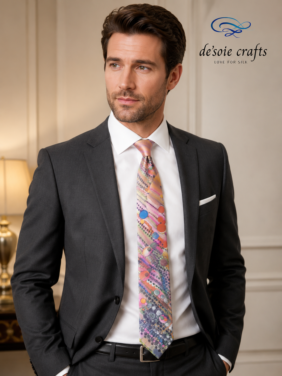 Elegant gentleman in a charcoal suit, white shirt and a hand-painted pink silk necktie featuring abstract planetary artwork