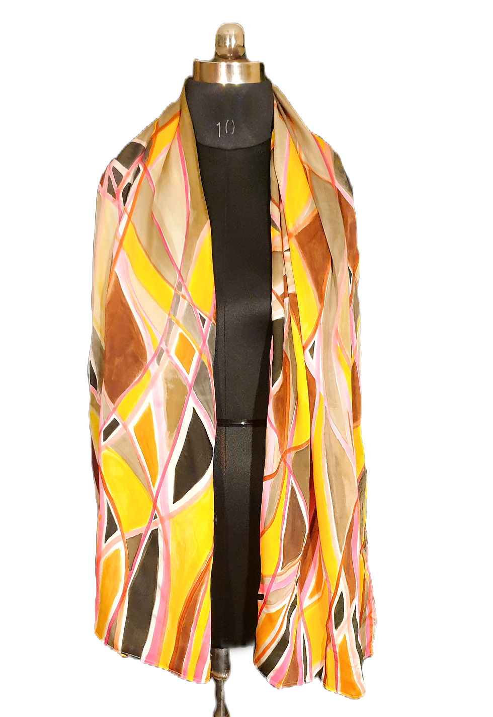 Thumbnail: Elegant hand-painted silk stole featuring a contemporary abstract artwork in yellow, blush pink, olive green, taupe and black