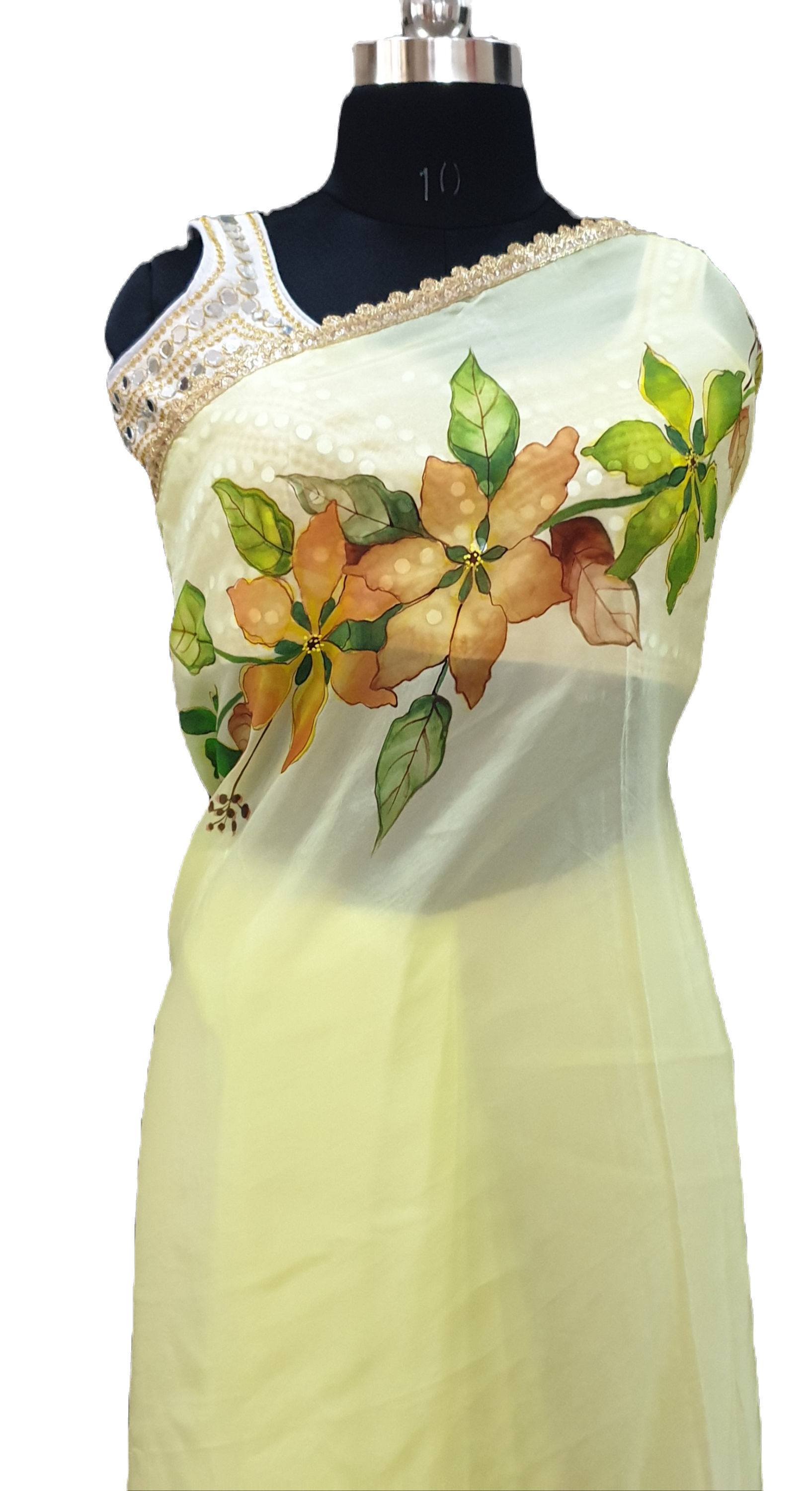 Lemon yellow silk saree with floral motifs