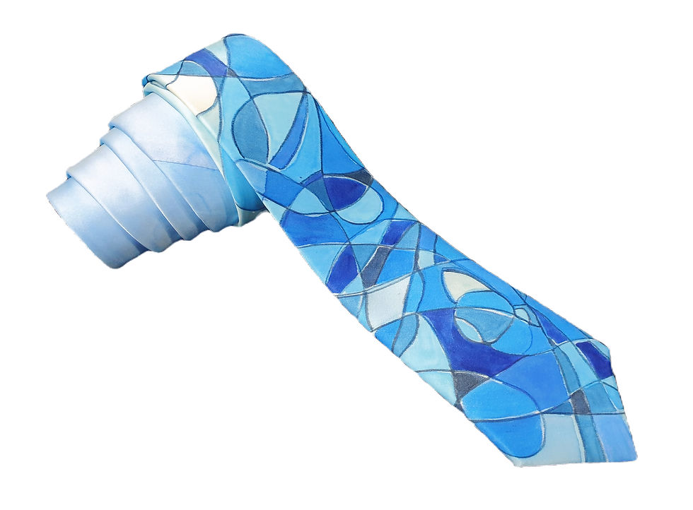 Thumbnail: A luxury hand painted silk necktie in abstract artwork in shades of blue rolled up for photography