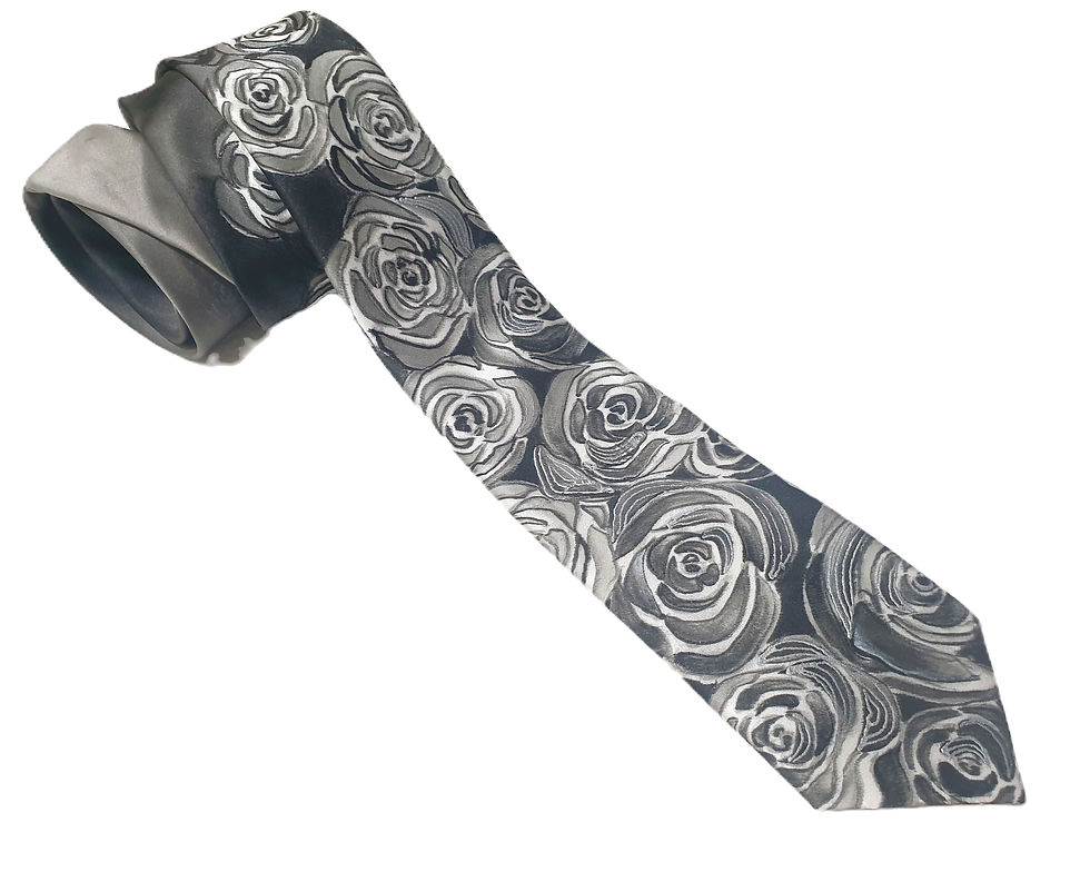 Thumbnail: Silk Tie hand painted with gray roses and highlighted in black, rolled up for photography