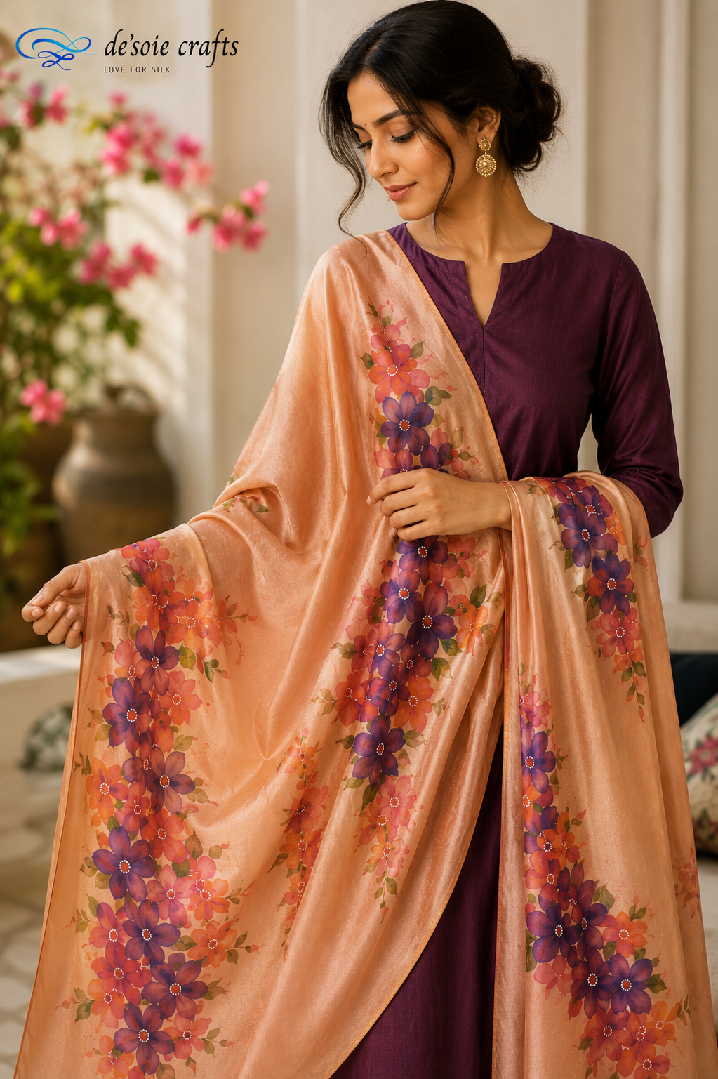 Elegant model wearing a hand painted silk dupatta featuring delicate floral artwork draped gracefully over the shoulders.