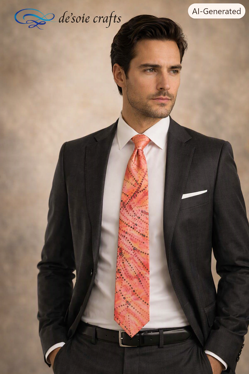 Gentleman wearing a luxury hand-painted peach silk necktie featuring elegant abstract artwork on premium silk.