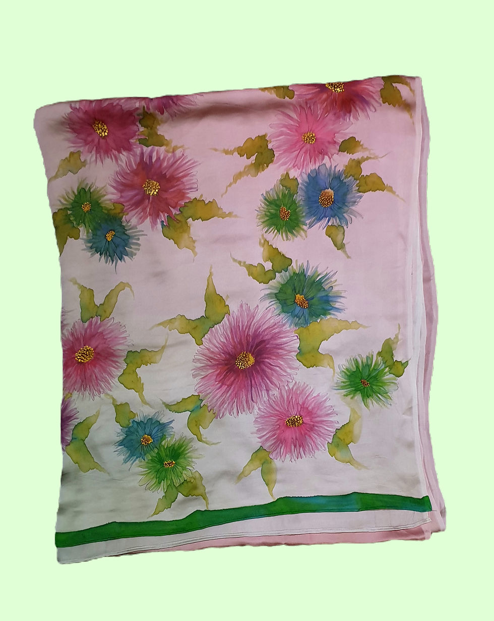 Thumbnail: A dual shaded pink & pista green hand painted silk saree with large floral bouquets, shimmering fabric folded in a square