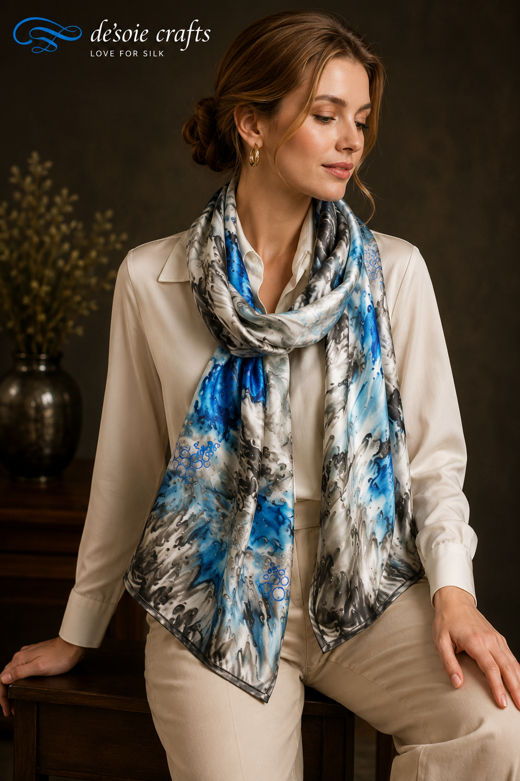 Caucasian woman wearing a hand painted silk stole styled around her neck showcasing blue, black & gray marbled artwork