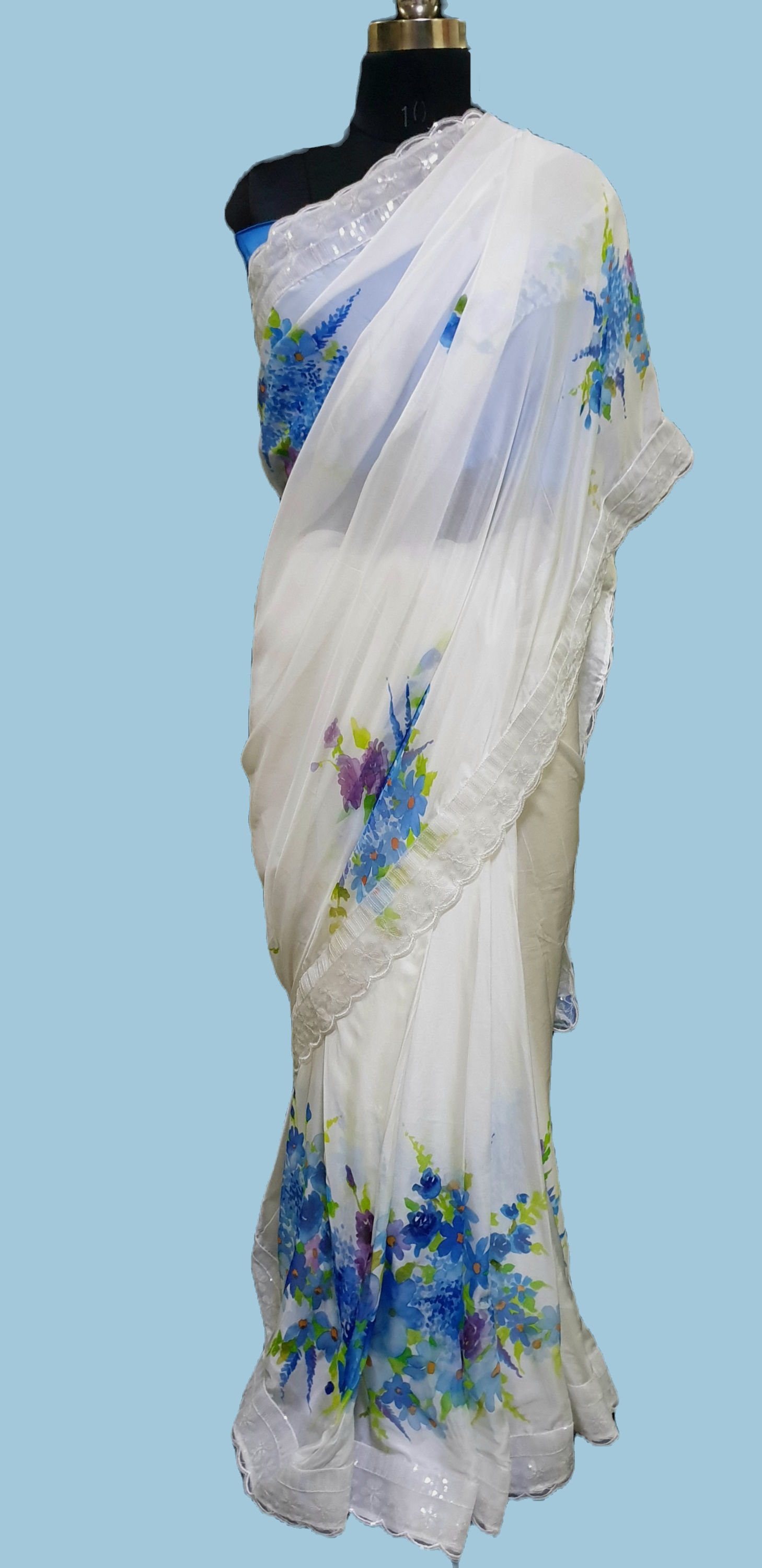 Flat Chiffon Silk Saree hand painted in a Floral Bunch in Blue, Purple & Green