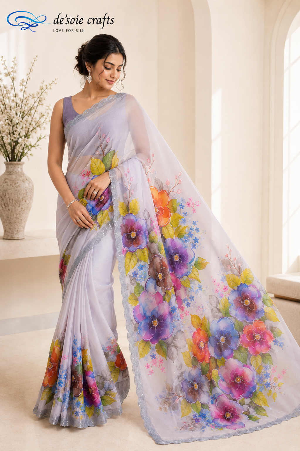 Model in a hand painted lavender silk saree with large pansy flowers in shades of purple, blue, pink and yellow floral artwrk