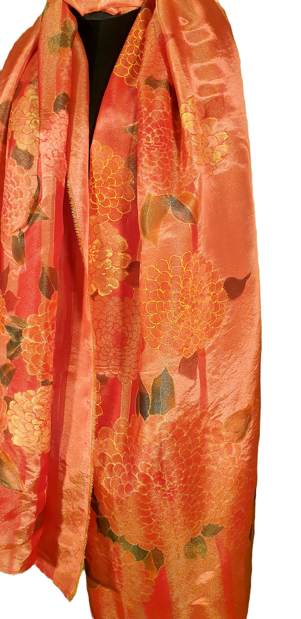 Thumbnail: Bright Rust colored tissue silk dupatta hand painted with Golden Dahlia and Chrysanthemums, draped on a mannequin for photo