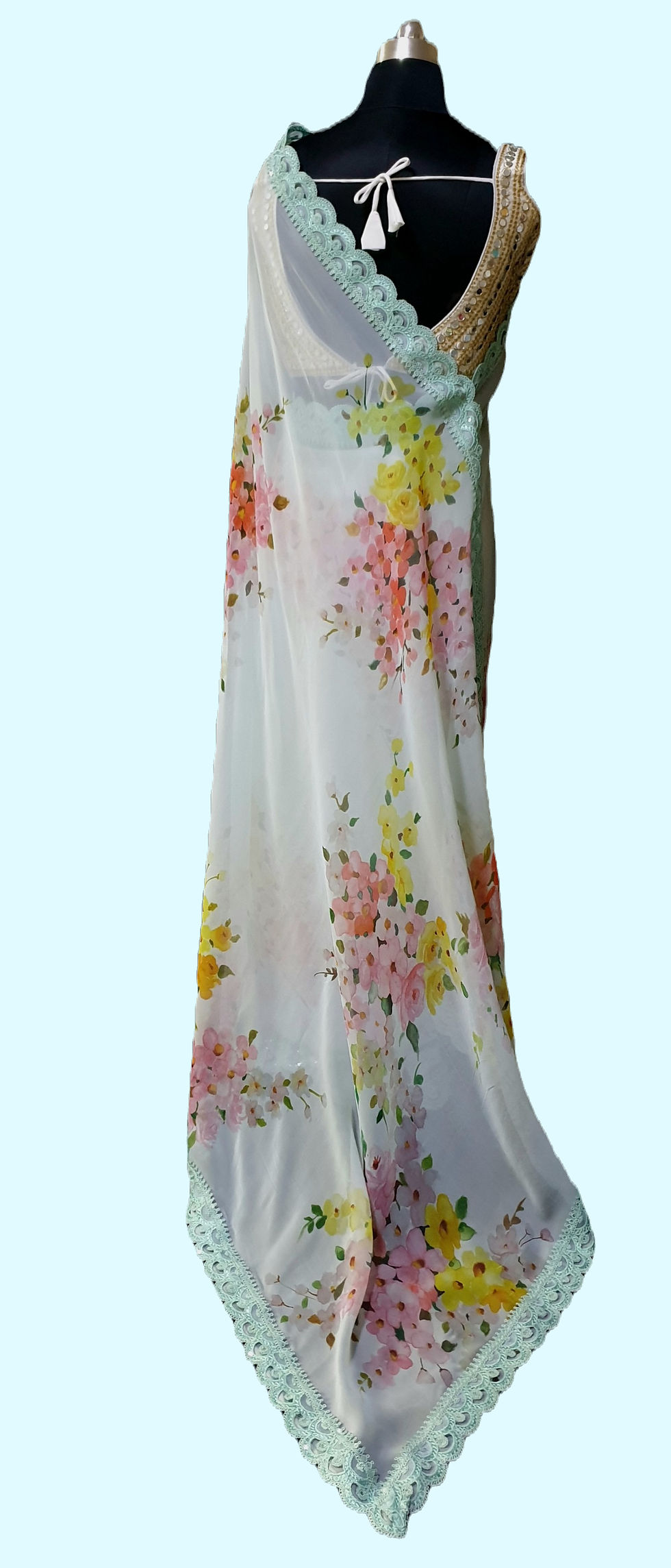 Thumbnail: Light emerald organza saree, hand painted with floral bunches