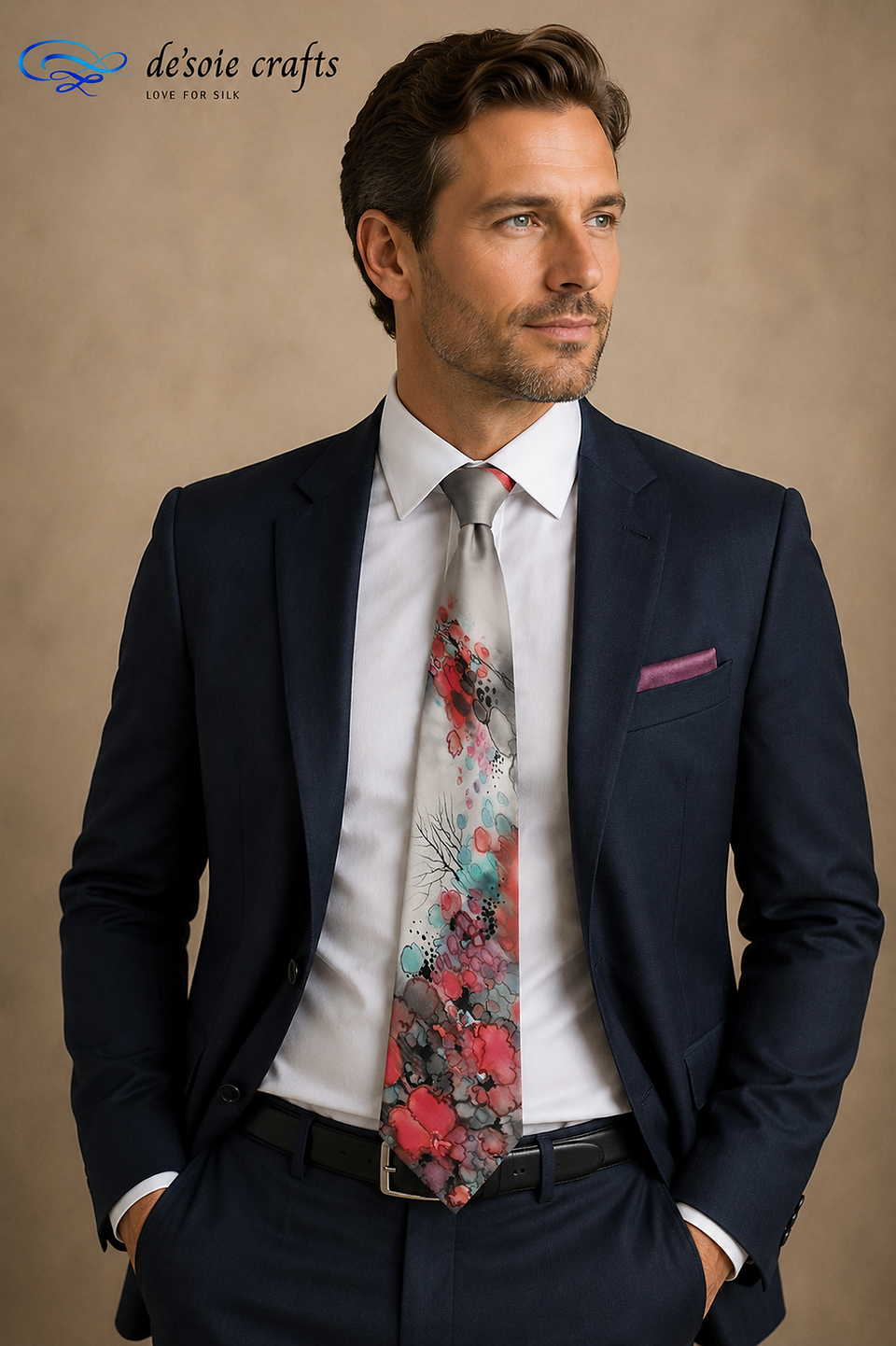 Hand Painted Silk Necktie with Japanest Floral Art