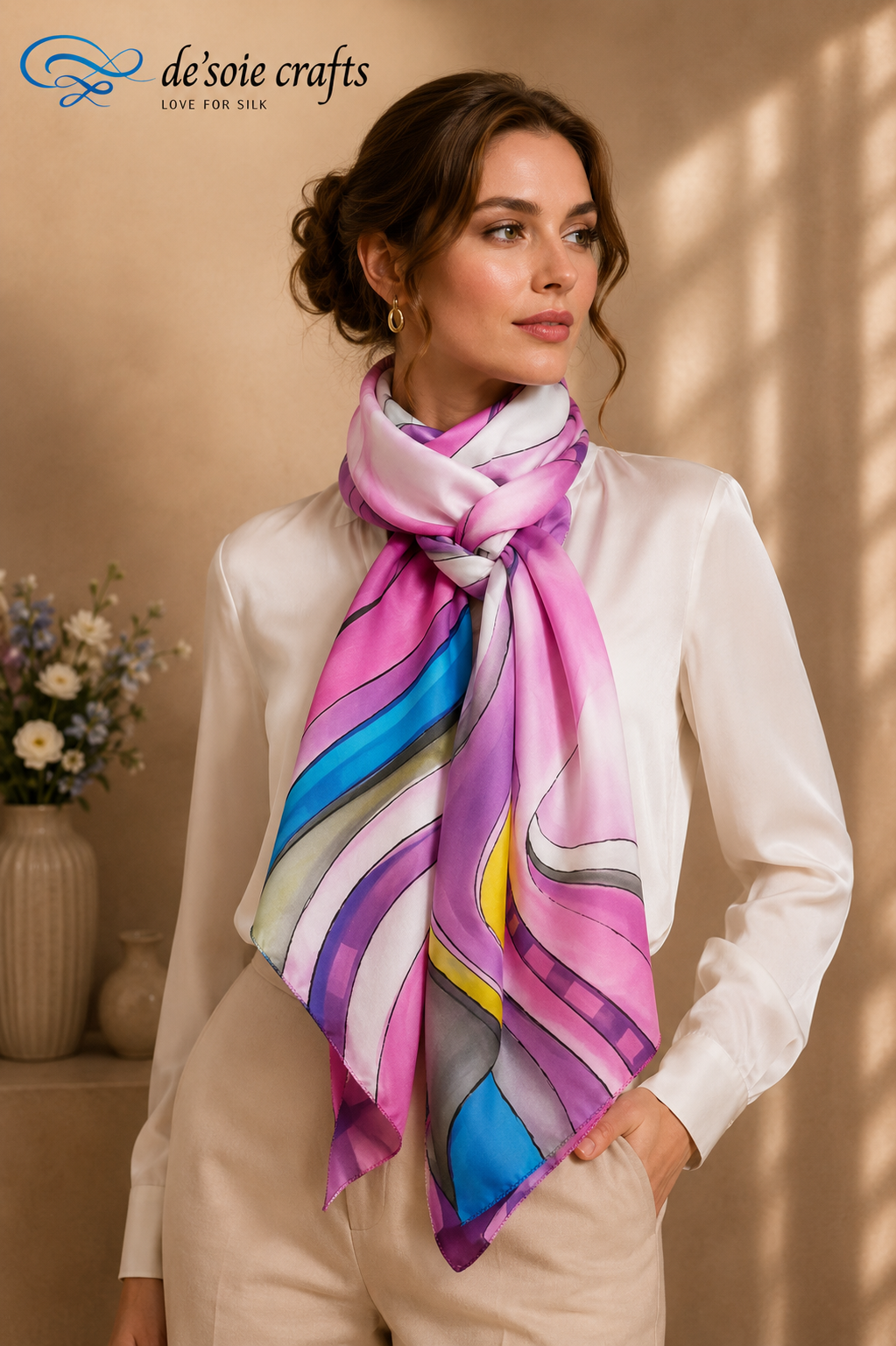 Caucasian woman in a luxurious hand-painted mauve silk stole styled around the neck with abstract artwork in rich mauve, plum