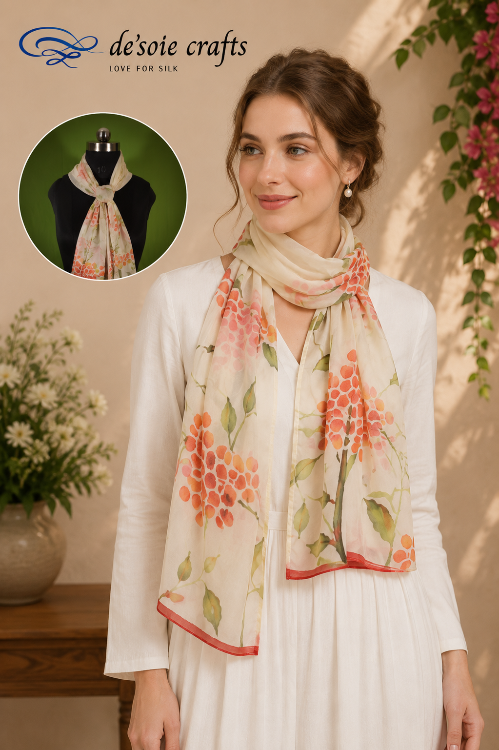 Elegant Caucasian model wearing a hand painted silk stole with delicate cherry blossom inspired artwork in soft ivory, coral