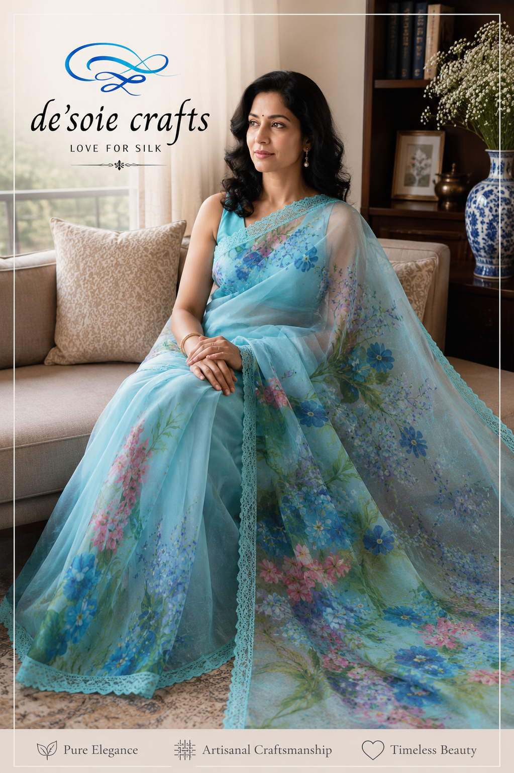 Model draped in a hand painted blue organza saree with a floral forest