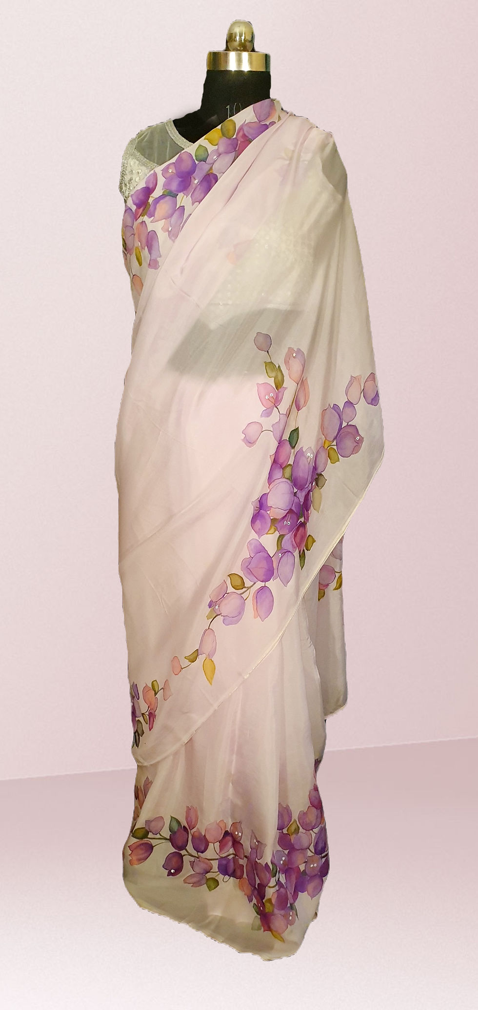Thumbnail: Lavender silk saree with purple bougainvillea