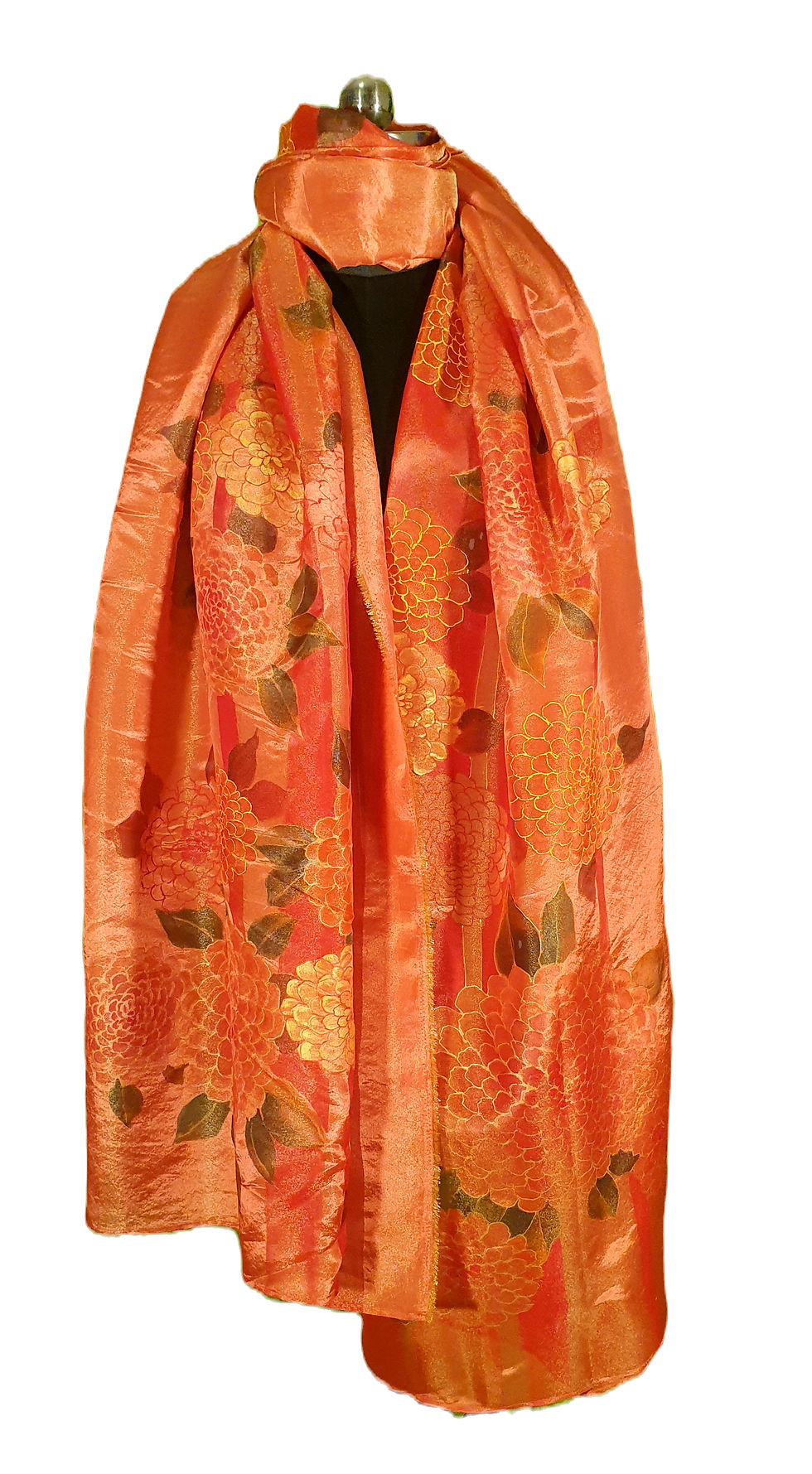 Thumbnail: Bright Rust colored tissue silk dupatta hand painted with Golden Dahlia and Chrysanthemums, draped on a mannequin for photo