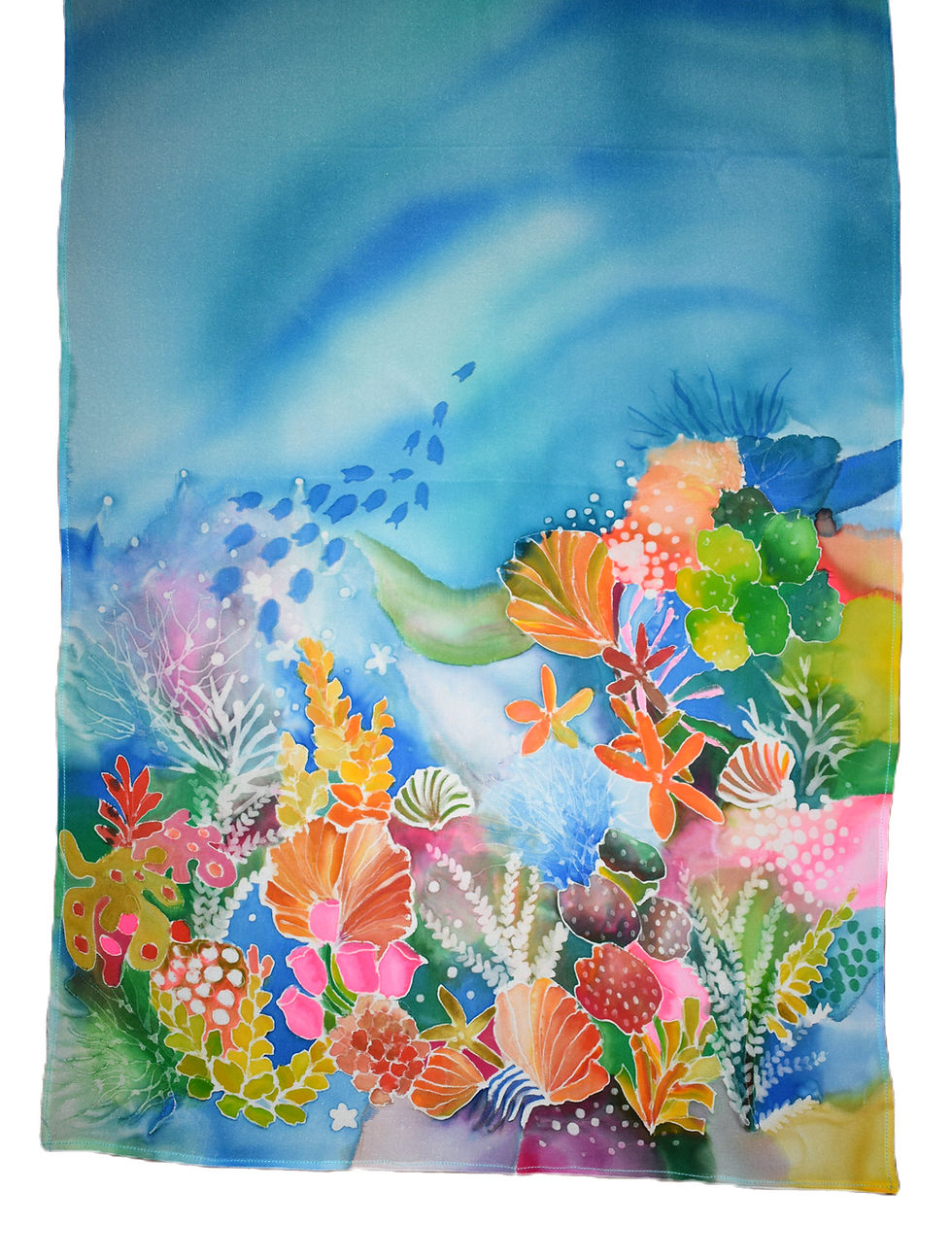 Thumbnail: Close up of a Crepe Silk Stole hand painted with in Blue with Aqua Marine life, spread out for photography
