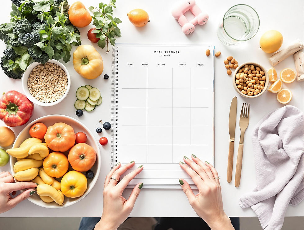 A bright, inviting overhead view of a weekly meal planner surrounded by fresh fruits, vegetables, whole grains, and a glass of water on a kitchen table. Soft pastel baby items add a gentle pregnancy touch, creating an organized and nurturing atmosphere for pregnancy meal planning.