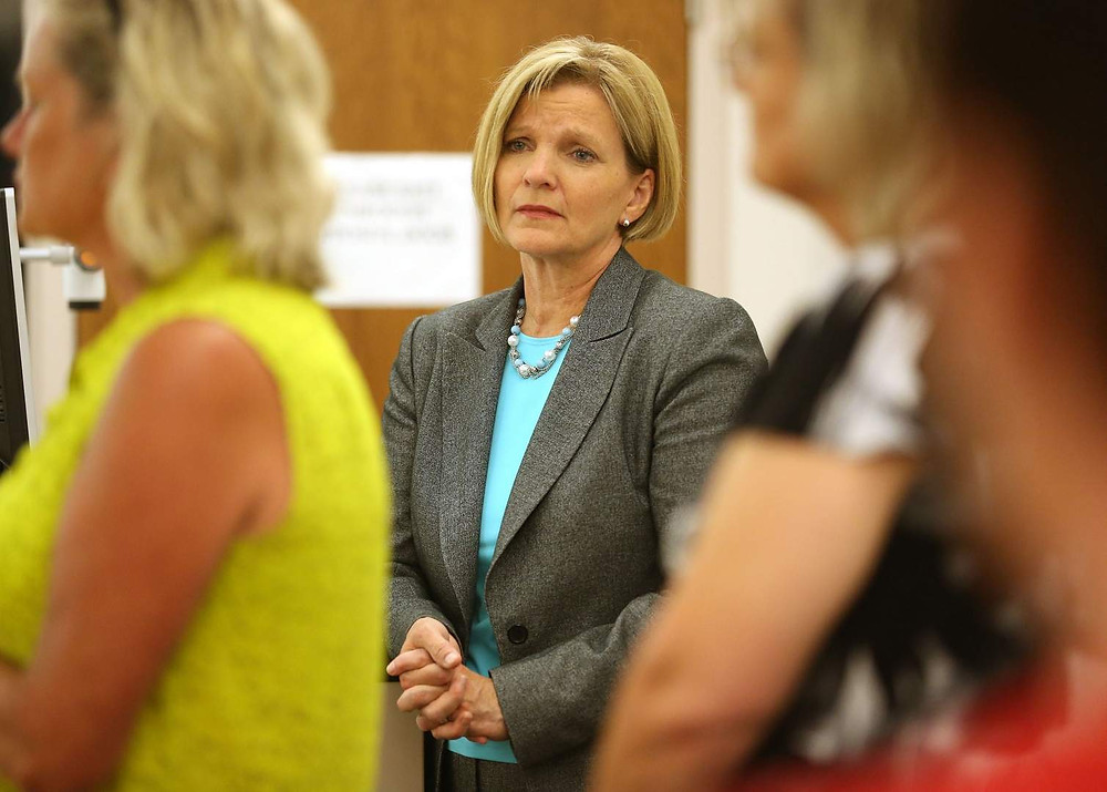 State Sen. Liz Mathis listens to home health care providers discussing billing challengers during a news conference on the difficulties facing care providers and their clients after the first three months of managed care of Medicaid in the state of Iowa at the Kirkwood Training and Outreach Service Center in Marion on Thursday, June 30, 2016. (Cliff Jette/The Gazette)