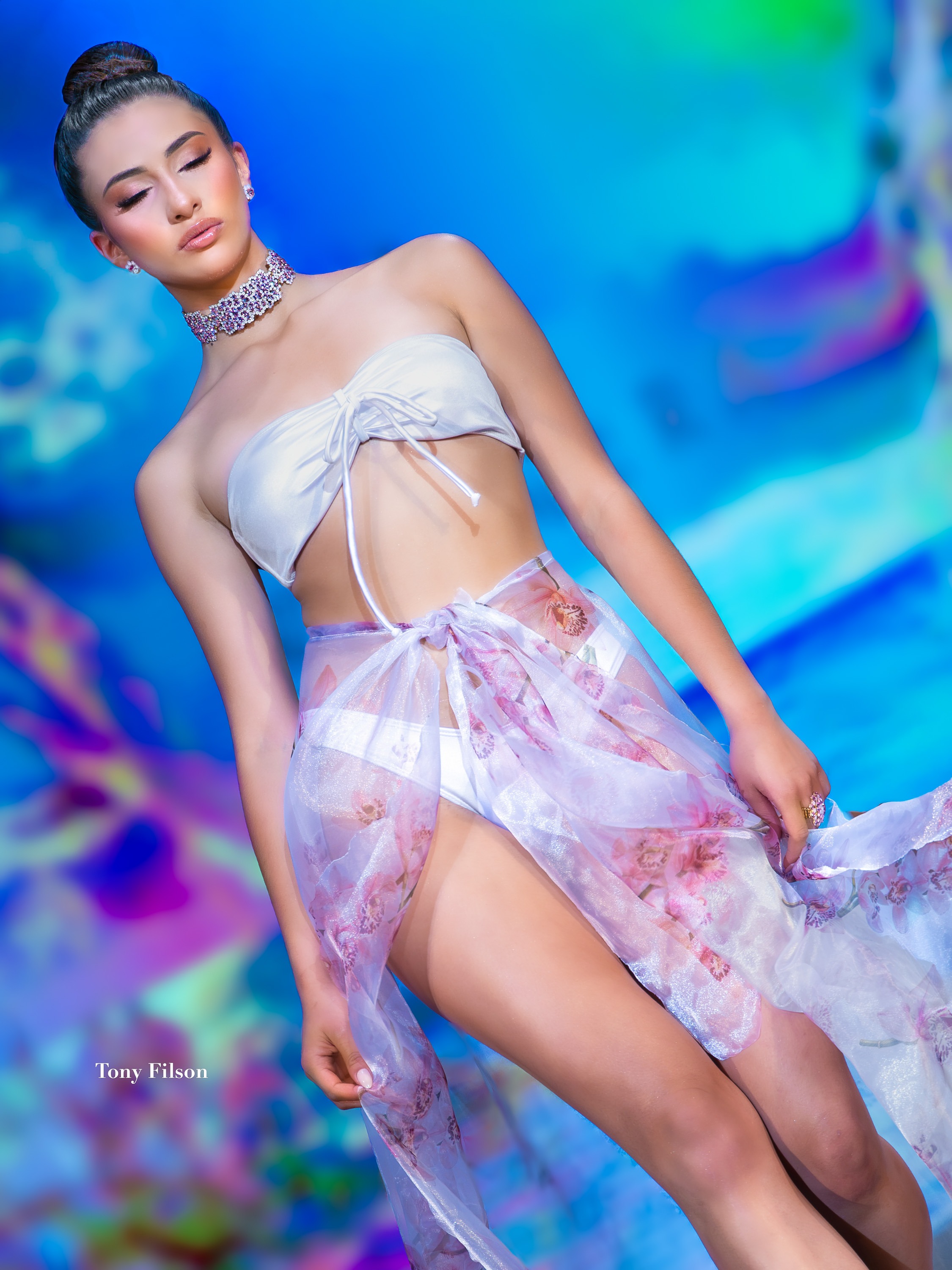 Vizcarra Jewelry at Miami Swim Week in a creative portrait by photographer Tony Filson. The photograph was captured at a Miami Swim Show at Club M2