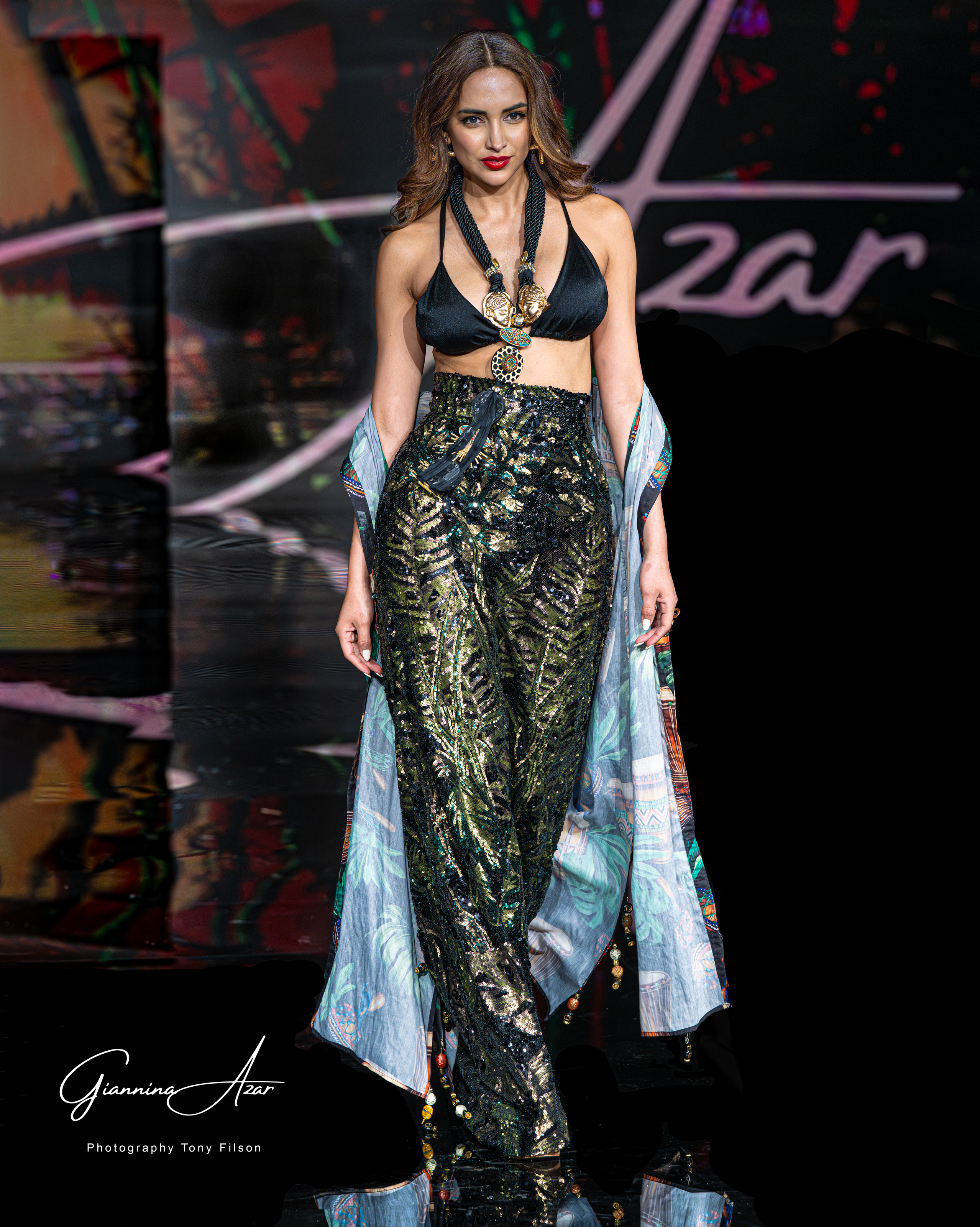 Fashion Designer Giannina Azar Miami Swim Week Hi-Waist Sequin Pants and Halter Top 2025 at Art Hearts Fashion by Miami Swim Week Photographer Tony Filson