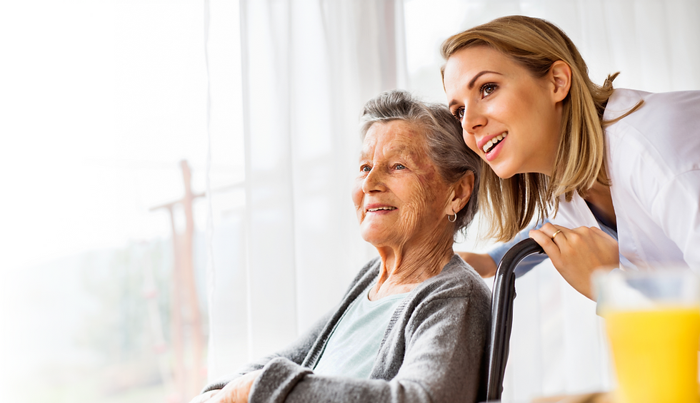 provider leaning close to a patient, as they both look at something in the distance