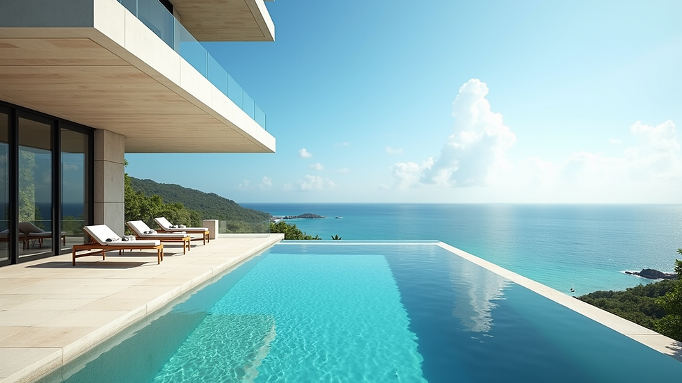 Wide angle view of a luxurious villa with a private pool overlooking the Caribbean Sea