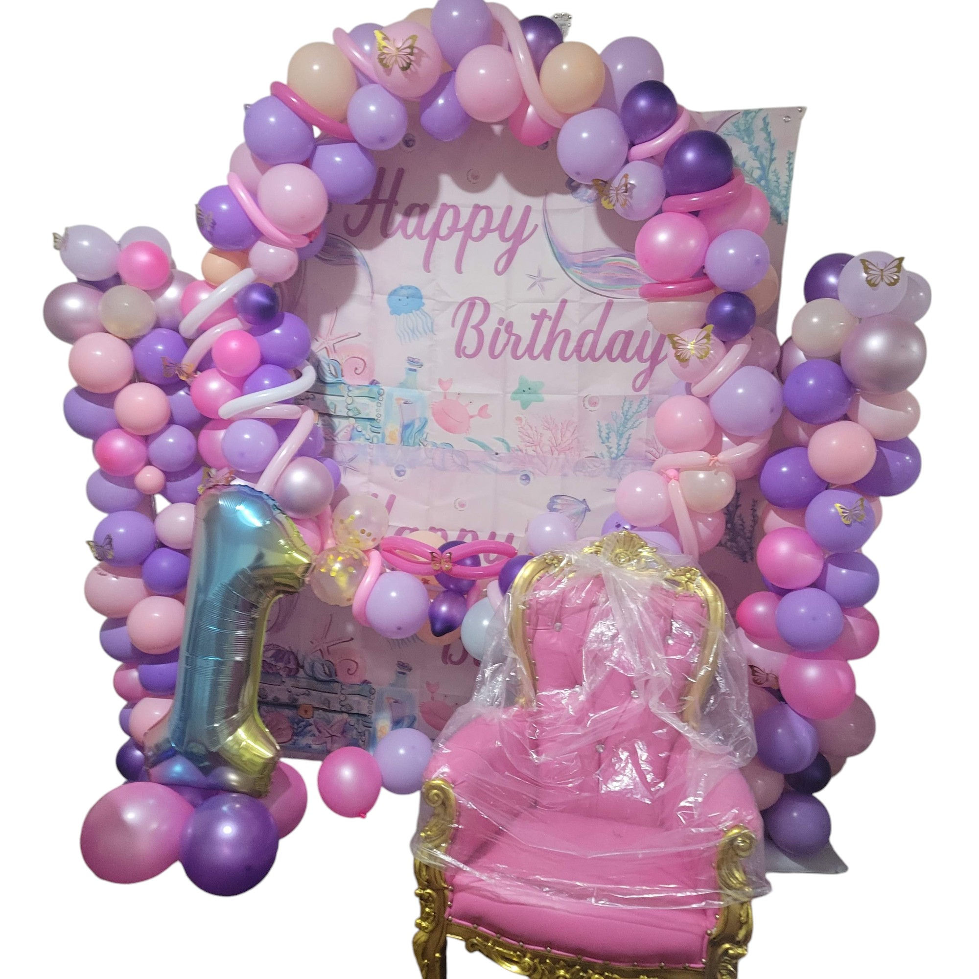 Princess-Themed Birthday Backdrop with Balloon Arch
