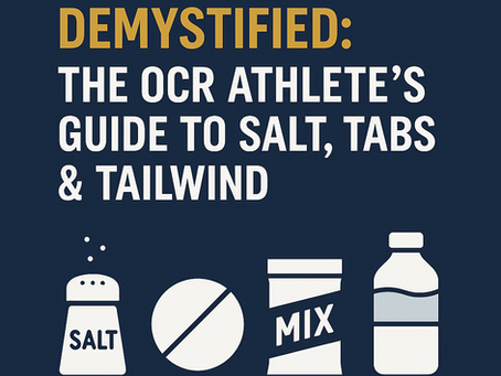 Electrolyte guide for OCR athletes showing salt, tabs, and mix icons under the title “Electrolytes Demystified.”