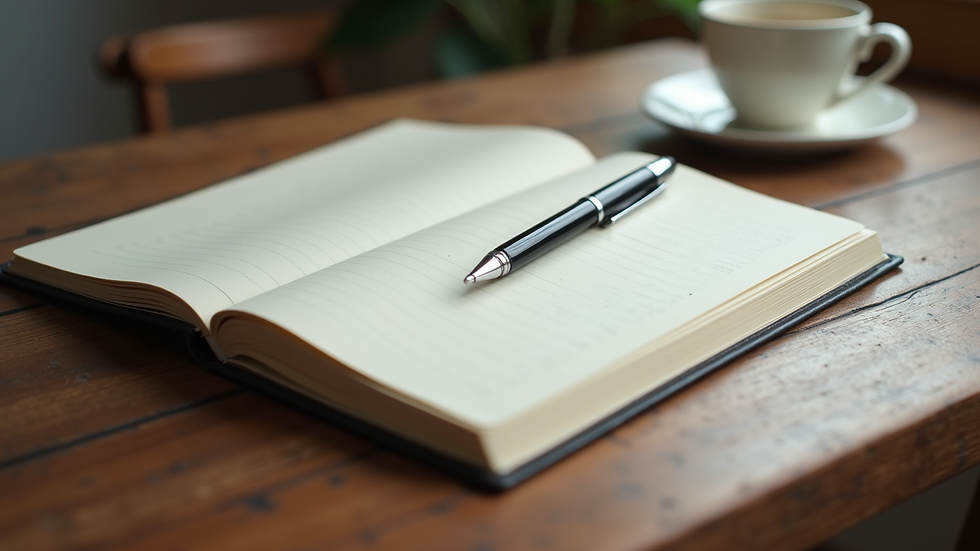 Close-up view of a journal and pen on a wooden table