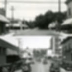 Two black-and-white images show a street before and after urbanization. The first is empty with trees, the second is busy with cars and buildings.