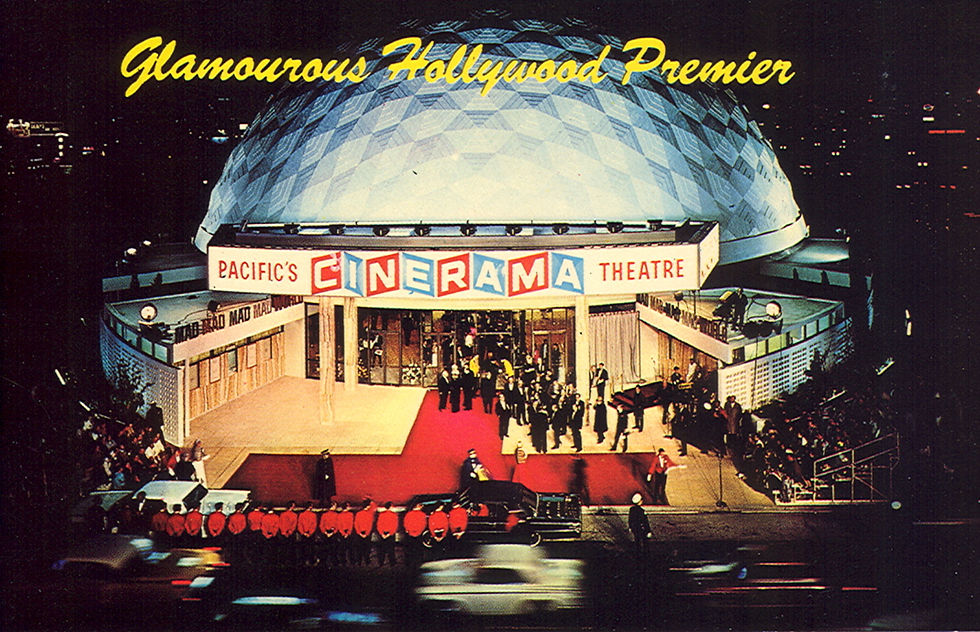 Glamorous Hollywood premiere at Pacific's Cinerama Theatre. Crowd on red carpet, colorful signage, and iconic domed building at night.