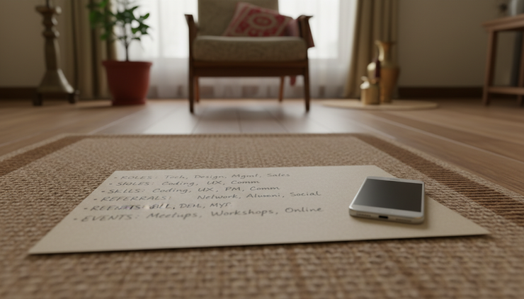 Top-down view of a handwritten recruitment community plan next to a simple mobile phone