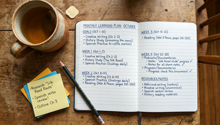 Overhead view of a handwritten learning plan beside a cup of tea