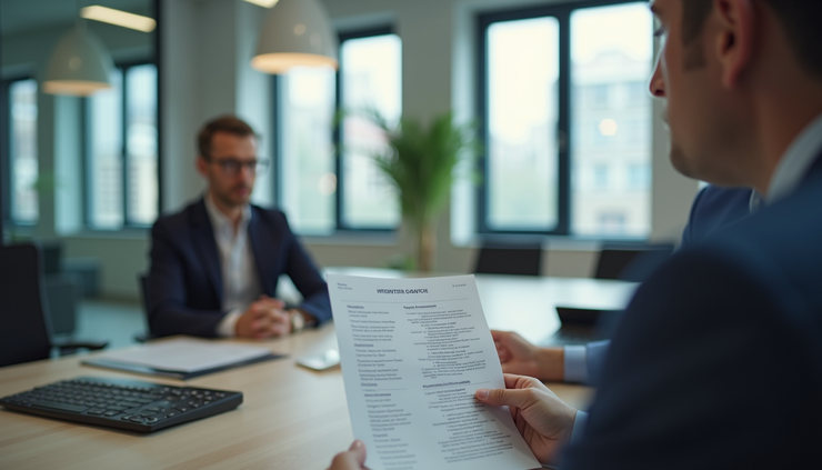 Eye-level view of a recruiter reviewing a candidate's resume during an interview