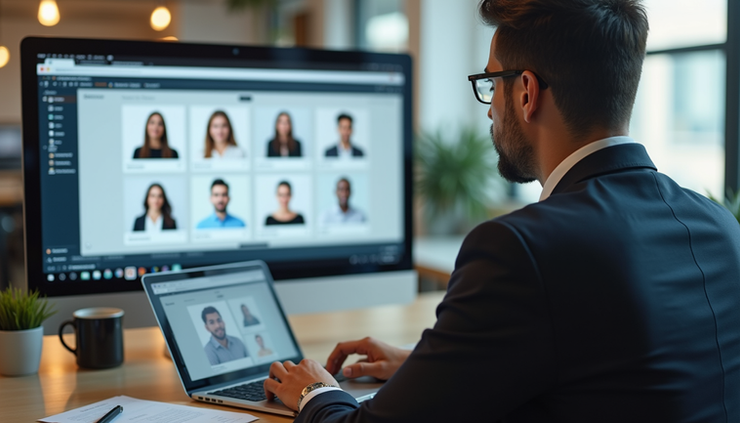 Eye-level view of a recruiter reviewing candidate profiles on a laptop