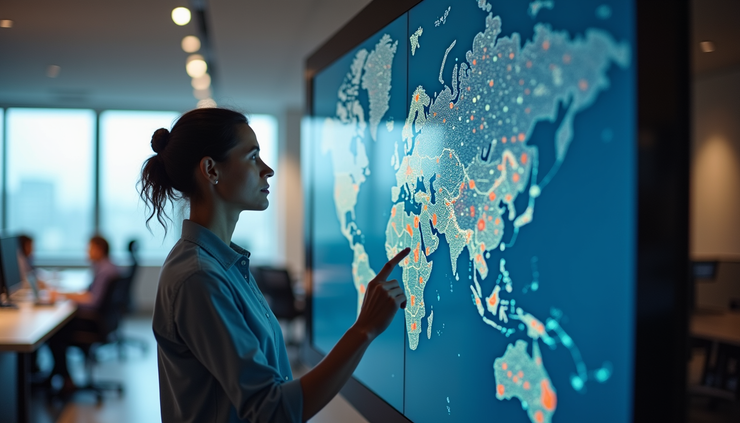 Eye-level view of a recruiter analyzing a digital talent map on a large screen