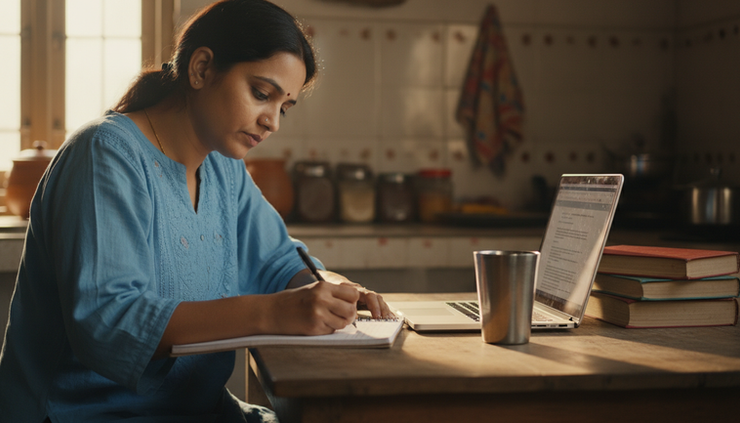 Close-up view of a woman writing notes beside a laptop at a kitchen table