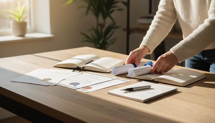 Close-up of hands arranging learning certificates and notebooks on a wooden dining table