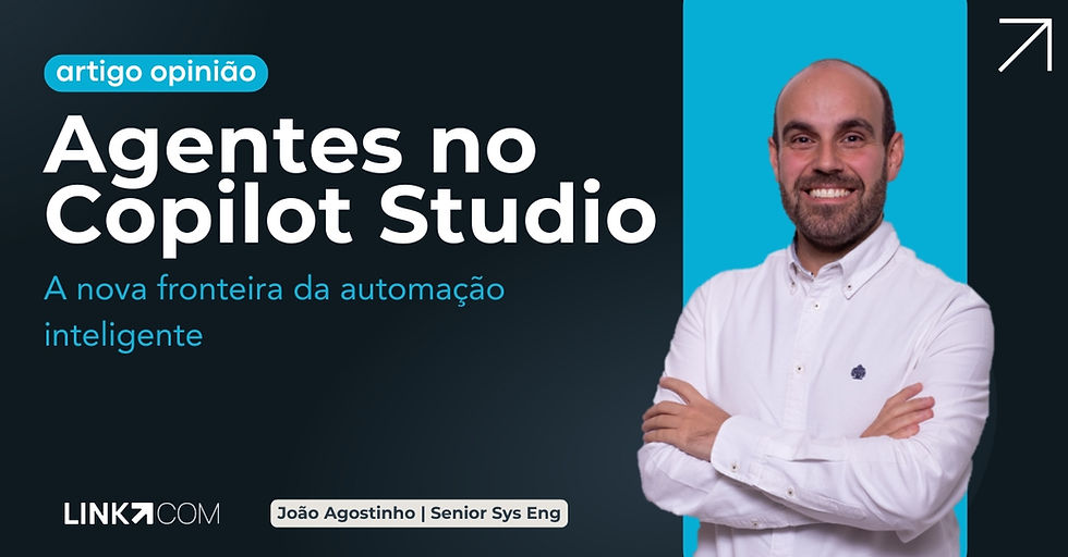 Ilustração de um profissional a interagir com um assistente inteligente na interface do Microsoft Copilot Studio, a representar a automação inteligente