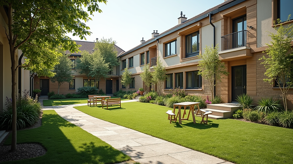 Wide angle view of a shared garden space in a community with natural landscaping