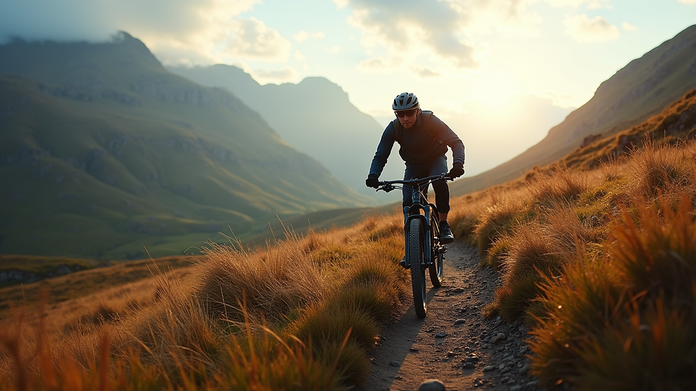 High angle view of mountain biker on a trail in the Scottish Highlands