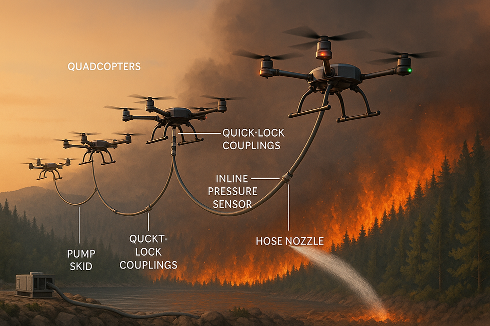 Wildfire Drones with a connected hose.