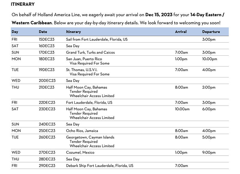 Holland America Rotterdam sample itinerary