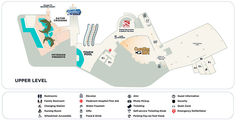 Map of an upper level with exhibits like Gator Crossing and a Touch Pool. Includes cafes, restrooms, and icons for various facilities.