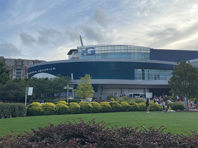 Modern aquarium exterior with blue and glass facade, large "Georgia Aquarium" sign. People stroll outside amidst greenery under a cloudy sky.