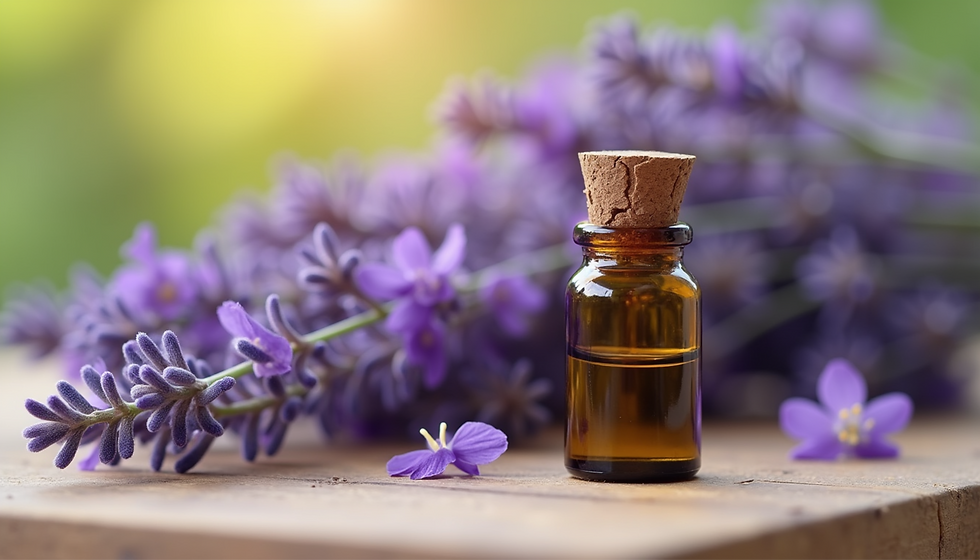 Nahaufnahme von Lavendelblüten und einer Flasche Lavendelöl auf einem Holztisch
